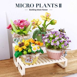 Block byggstenar blommor mini bonsai ornament diy grön växt bukett krukut modell tegel barns utbildningsmontering leksak gåva R230817