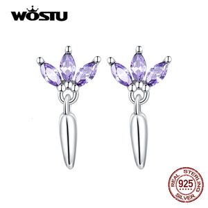 Charm Wostu Echt 925 Sterling Silber Purple Blattohrohrstolzen Ohrringe für Frauen trendige Zirkonpflanze Fein S925 Schmuck 230817