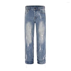 Мужские джинсы 2023 Соломенная кисточка дизайн рваной дыры свободные джинсовые брюки уличная одежда прямая панталоны y2k hombre bedgy