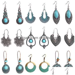 Charm Boho Femme Turquoise Earrings Antique Gypsy Indian Tribal Ethnic Hoop Dangle Mandala Drop Delivery Jewelry Dhf8L