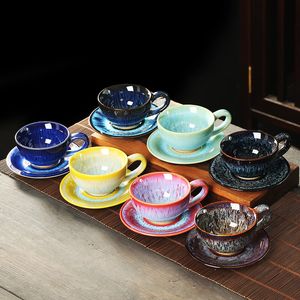 Mugs Ceramic Kiln Changed Coffee Cup and Saucer Set Creative Vintage Chinese Breakfast Cups Afternoon Tea Drinking Utensils 230817