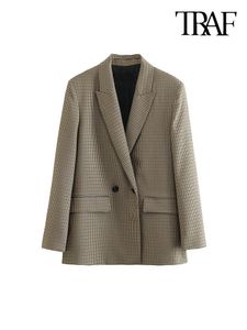 Kadınlar Blazers Trafo Kadın Moda Çift Kelime Çifte Ekose Blazer Ceket Vintage Uzun Kollu Cepler Kadın Dış Giyim Şık Yelekleri Femme 230817