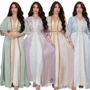 Vestidos casuais marroquino caftan luxury 2023 cetim de seda elegante manga de lanterna 3pcs Diamantes abaya muçulmanos ramadã para mulheres