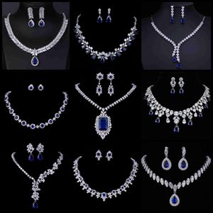 AMC Luxury Dark Blue Necklace and Earring Set AAA Cubic Zirconia Navy Blue Smycken Set For Women Bridal Party Accessories Gifts X0817