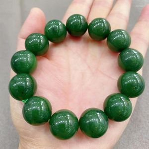 Strand 16mm Green Jades Bracelet Men Women Fine Jewelry Genuine Chinese Nephrite Hetian Bead Elastic Bangle