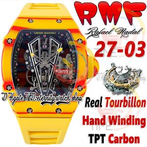 RMF 27-03 Mens assistem real Tourbillon Hand Winding Red Amarelo TPT quartzo carbono Case de fibra de fibra de fibra de esqueleto Dial