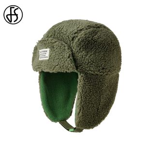 Trapper Hats FS Winter Russian Hats For Women Men Green Lamb Wool Beanie Cap Fashion Ear Protecting Bomber Hat Thickened Flying Caps 230817