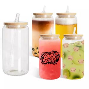 CA/USA Warehouse RTS가 고정 된 16oz Clear Frosted Soba Pop Shaped Sublimation Beer Jar Glass 캔 짚 뚜껑 컵 캔 캔 뚜껑