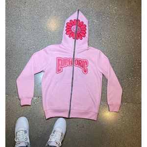 Herrtröjor tröjor Hight Street Men's Pink Sunflower Print dragkedja Hoodie Punk Fashion Y2k Jacket Overdimensionerad Streetwear Gothic Loose High Quality Top 230816