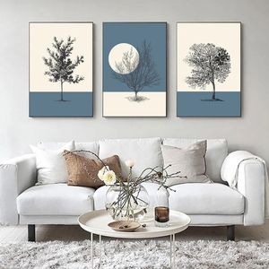 Skandinavische Baum Canvas Malerei Mond beige blaue Plakate und Drucke abstrakte Wanddekorative Plakate für Wohnzimmer Wohnkultur Kunst Bild wo6