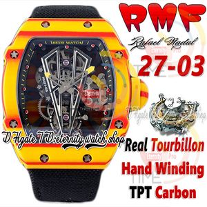 RMF 27-03 Mens assistem real Tourbillon Winding Red amarelo TPT quartzo carbono Case de fibra de fibra de esqueleto Dial