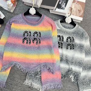 Knitwear Womens Tie Dye Gradient Randig Design Beaded Letter franse Långärmning Pullover Fashion Sweater