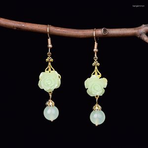 Kolczyki Dangle Jade Flower Chalcedony Vintage 925 Srebrny projektant Amutety Kobiety Stone Natural Stone jadeite biżuteria Prezenty modowe