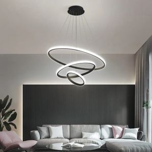 Modern Pendant Lamp LED 3 ringar Circle Tak hängande ljuskrona svart loft levande matsal kök belysning fixtur