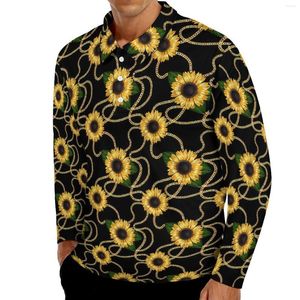 Herren Polos Sonnenblumen stilvolle lässige T-Shirts Mann Goldkette Druck Langarm Polo-Hemdkragen Neuheit Frühlingsmuster Plus Größe