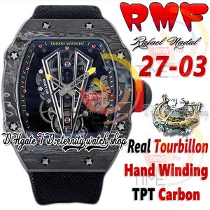 RMF BBRF27-03 MENS Titta på riktiga Tourbillon Mechanical Hand Winding Black TPT All Carbon Fiber Case Skeleton Dial Black Nylon Strap Super Edition Sport Eternity Watches