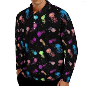 Men's Polos Jellies Print Casual Polo Shirts Colorful Jellyfish T-Shirts Long Sleeve Custom Shirt Autumn Funny Oversized Tops Gift Idea