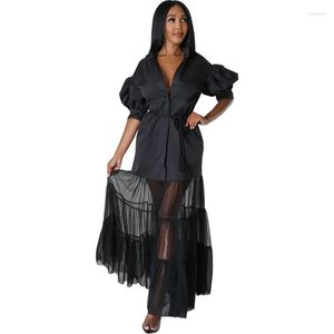 Ethnic Clothing African Dresses For Women 2023 Summer Elegant Patchwork Outfits Ladies Party Club Robe Black White Mesh Shirt Maxi Dress