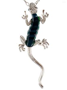 Pendant Necklaces Silvery Tone Green Resin Bead Body Water Gecko Lizard Crystal Necklace