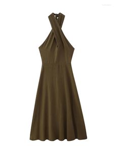 Casual Dresses Summer 2023 Women's Sexy Open Back Linen Blended Hanging Neck Cross Design Knot Sleeveless Midi Dress