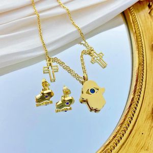 Necklace Earrings Set 18K Gold Stainless Steel Turkey Blue Eye Khamsah