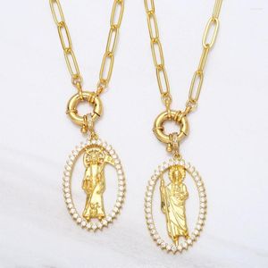 Colares pendentes Colar de cor dourado CZ San Judas para mulheres Cadeia de papel clipe Holy Death Jóias Católicas NKEA034