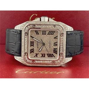 Luxury Watches Ct Swiss Made Watches Ct Santos 100 xl Men's Iced Out 10ct Genuine Diamonds Roman Ref 2656