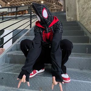 メンズパーカースウェットシャツアメリカンレトロストリートスパイダープリントステッチスタンドカラーセーター男性と女性春と秋のブランドスポーツパーカートップ230816