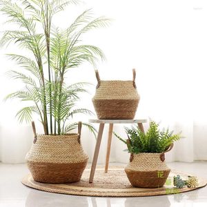 Planters Flower Pot Container Tång Straw Crafts Folkpåse Dekoration Multifunktionskorg Bonsai Family Storage Boxes