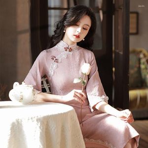 Этническая одежда Cheongsam крупные инвертированные рукава 2023 Модифицированное платье молодое стиль Женщины девочки китайский ретро -летний розовый ежедневно ежедневно