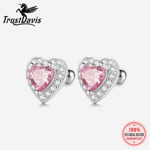 Stud Trustdavis 925 Sterling Silver Pink Red Heart Earrings for Women Girls Kids Birthday Present smycken DS3921 230816