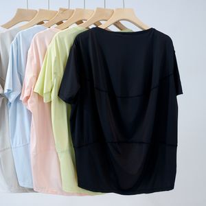 Designer Kvinnor T-shirt lyxiga solskyddsmedel Ice Silk Kort ärm Yoga kläder tillbaka i Actio Löst elastisk snabbtorkande rund hals Soft T Sports Fitness Joggers