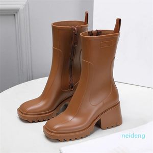 Designer -Kle Boot Women Leather Rubber Rainboots Waterproof Tall Welly High Heels PVC Beeled Platform Boot