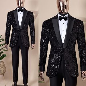 Black Sparkly Men's Wedding Suits Peaked Lapel Sequins Tuxedos 2 Pieces Groom Wear Evening Party Coat With Pants Custom Made