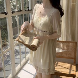 Women's Sleepwear Vintage Summer Mesh Pajamas Women Sexy Lace Loungewear Princess Nightwear V Neck Ruffles Tops Shorts Two Piece Sets