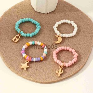 Band Rings 4Pcs/set Boho Colorful Rice Beads Rings Set For Women Elastic Adjustable Ring Girls New Fashion Star Conch Shell Pendant Jewelry J230817