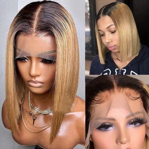 Short Ombre Honey Blonde Bob Wig with Baby Hair Honey Brown Straight Human Hair Wigs 13*4 Lace Part Brown Wigs for Black Women