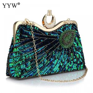 Hobo Vintage Women's Clutches Handle Peacock Pattern Sequins Beaded Bridal Clutch Purse Luxury Mini Handbag PROM HKD230817付き