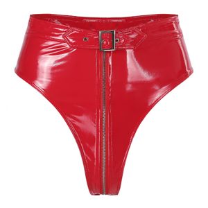 Briefs Panties Sexy Women Lingerie Panties Wet Look PVC High Cut Front Zippered Crotch with Belt Briefs Underwear Exotic Apparel 230817