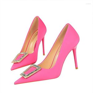 Dress Shoes (YYDD) Bling Square Buckle Pink Comfortable Elegant Women's Pumps Super Thin High Heels Office Wedding Party Size34-40