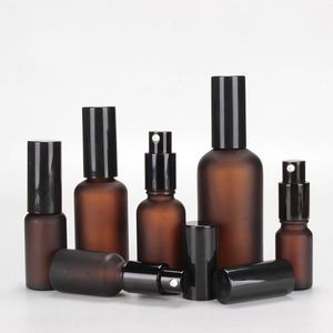 wholesale Empty frosted amber glass essential oil perfume bottles with black Fine Mist Atomizer sprayer 10ml 30ml 50ml 100ml dispenser containers SN5265