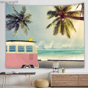 Tapestries Tropical Tree Bus Beach Tapestry For Bedroom Cheap Thin Polyester Sea Ocean Wall Hanging Ceiling Picnic Mat Home Room Decor R230817