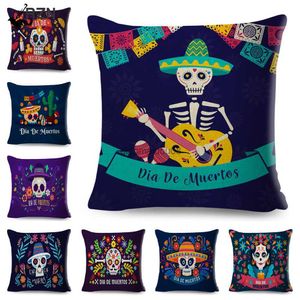 Caso do travesseiro Dia do morto Decoração de decoração Cartoon Mexico Flor Skull Print Cushion Capa para sofá Casa de poliéster em casa 45x45cm HKD230817