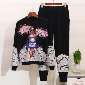 Women's Two Piece Pants Fashion Black Knitted Tracksuit Women Outfits Manual Beading Sequins Sweater Pencil Set Female Loose Casual Knitting