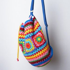 School Bags Bohemian Crochet Barrel Shaped Women Shoulder Knitted Granny Square Backpacks Handmade Woven Handbag Casual Travel Bag 230816