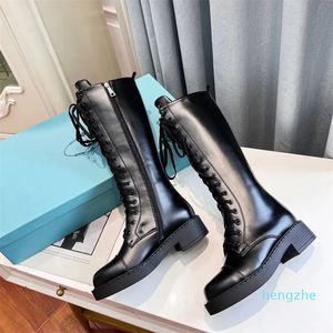 레이스 업 Knee-High Boots 청키 한 블록 힐 가죽 단독 여성 디자이너 패션 파티 드레스 신발 신발 크기 35-41