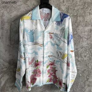 Men's Casual Shirts 23ss CASABLANCA Silk Cloud Crane Print Shirt Beach Couple Loose Long Sleeve Shirt HKD230817