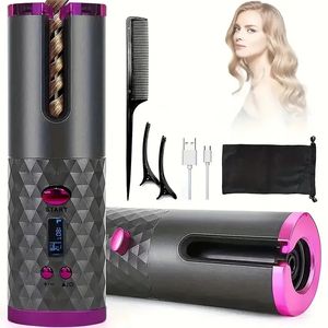 Cordless Auto Hair Curler, Ceramic Rotating Hair Curler With 6 Temps & Timers Setting, Portable Rechargeable Curling Wand, Fast Heating Iron For Hair Styling