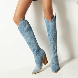 Boots Fashion Denim Western Women Knee Lår High Heels Autumn Winter Cowboy Long Slip On Woman Shoes Big Size 43 230817