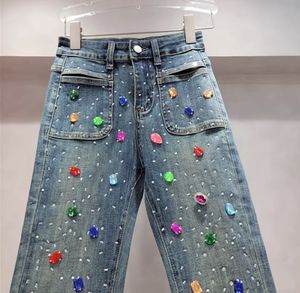 Kvinnors jeans 2023 Vår sommarskinniga kvinnors utsökta strass pärlor hög midja smalande bluning blå denim byxor flare